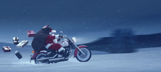 Brave Santa Claus riding a bike and delivering gifts