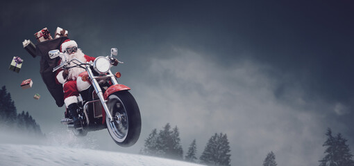 Unconventional Santa Claus riding a fast motorcycle