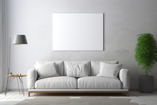 Blank poster in living room with gray sofa, aesthetic look © alisaaa