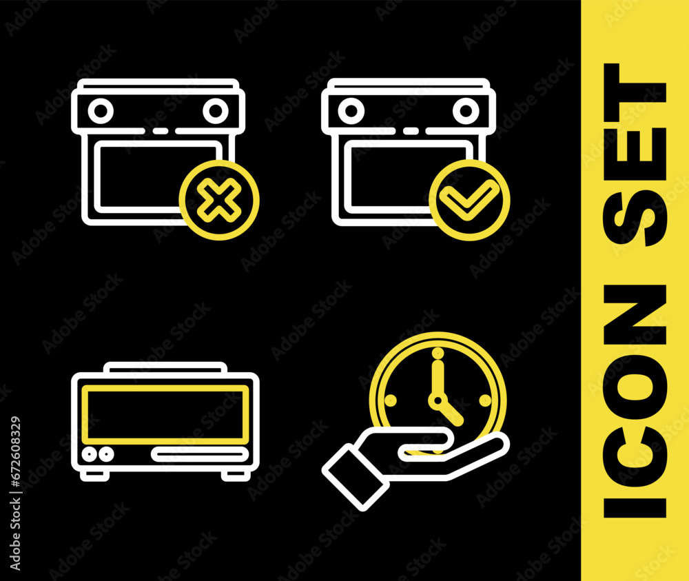 Poster set line calendar with check mark, clock, digital alarm clock and date delete icon. vector
