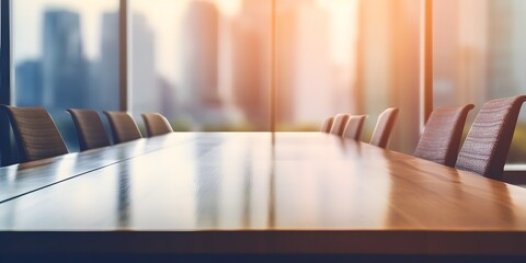 Empty meeting room table mock up in early morning light blurred background - Generative ai