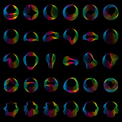 Sound smooth waves of shapes of different shapes, Set Equalizer rainbow color gradient. Vector geometric shapes isolated on black background. - obrazy, fototapety, plakaty
