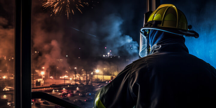 Firefighter watching fireworks from station window, feeling proud and content.