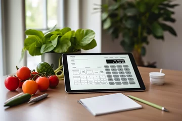 Foto op Plexiglas Calories counting , diet , food control and weight loss concept, woman using Calorie counter application on tablet at dining table with fresh vegetable and calculator © alisaaa