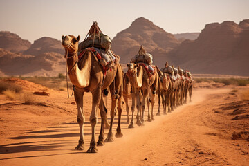 Camel caravan for tourists, A camelback Bedouin safari ride, aesthetic look