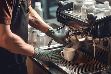 man cleaning espresso machine at cafe - Powered by Adobe