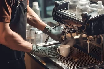 Foto op Plexiglas man cleaning espresso machine at cafe © A Denny Syahputra