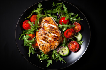 Chicken breast fillet grilled and fresh vegetable green salad with arugula, tomatoes and olives on black background, healthy food, mediterranean diet, top view, aesthetic look