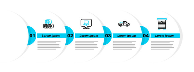 Set line Hive for bees, Pickup truck, Udder and Roll of hay icon. Vector © vector_v
