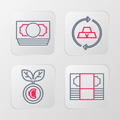 Set line Stacks paper money cash, Euro plant, Gold bars and icon. Vector