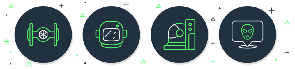 Set line Astronaut helmet, Cosmic ship and Alien icon. Vector