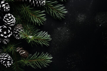 Fototapeta na wymiar Christmas black background with snowy fir tree and cones, Top view with copy space, aesthetic look