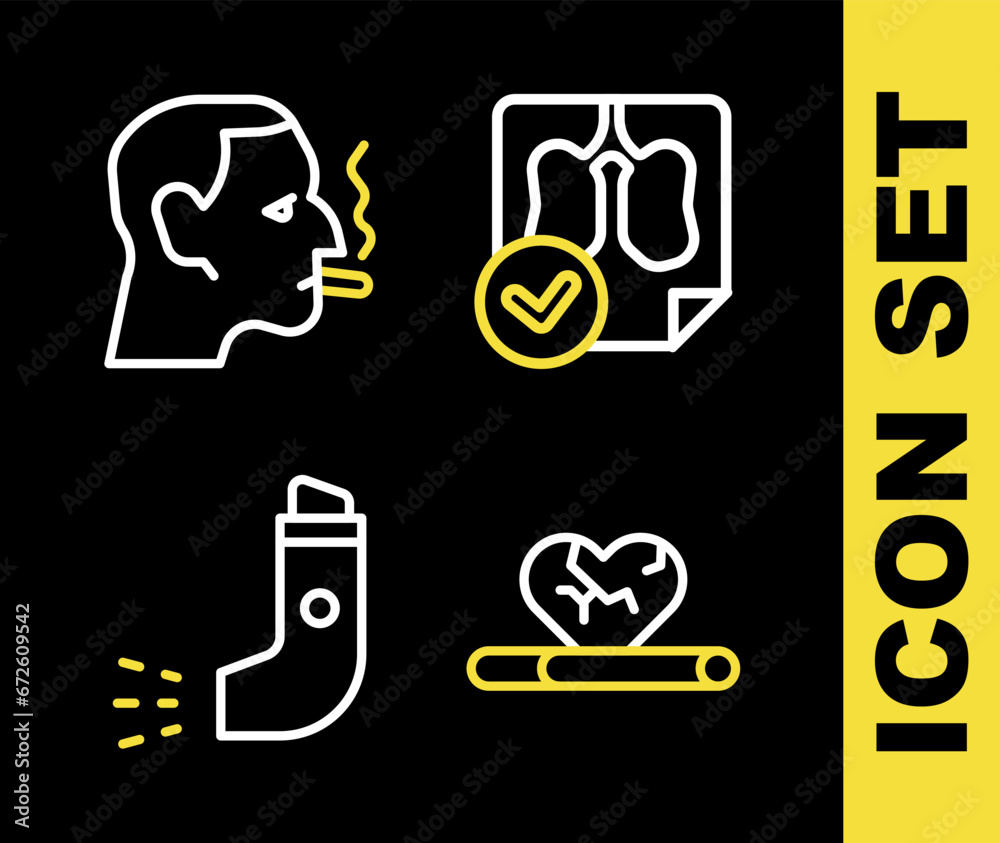 Sticker Set line Lungs x-ray diagnostics, Heart disease with smoking, Inhaler and Man cigarette icon. Vector