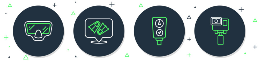 Set line Flippers for swimming, Gauge scale, Diving mask and Action extreme camera icon. Vector