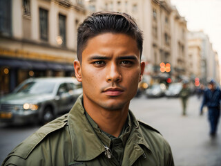 portrait of a soldier in military uniform in the city