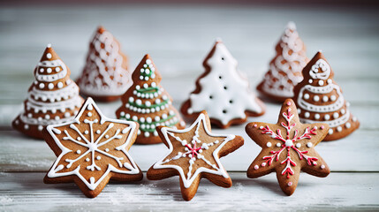 A delightful assortment of gingerbread Christmas cookies, perfect for holiday celebrations on white table with bokeh background