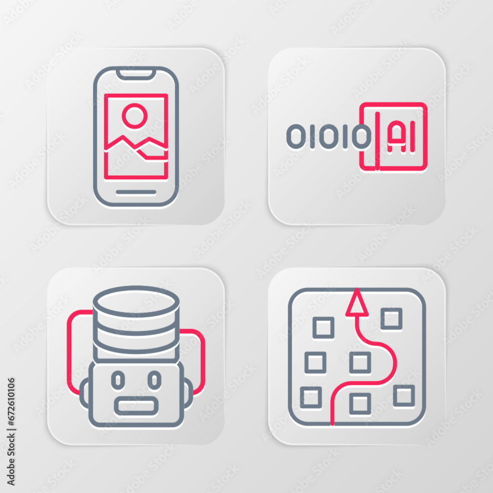 Aufkleber set line neural network, artificial intelligence robot, binary code and mobile phone icon. vector
