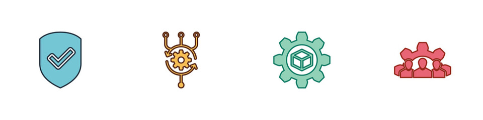Set Shield with check mark, Algorithm, Product development and Project team base icon. Vector