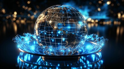 Fototapeta na wymiar Blue illuminated globe placed atop a metallic surface, AI-generated.