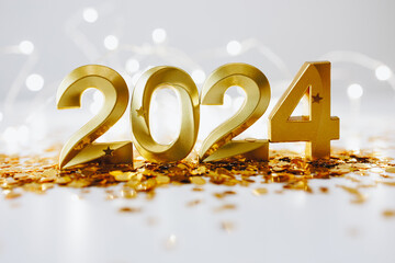 happy new year 2024 background. New year holidays card with bright lights and golden confetti on white background - obrazy, fototapety, plakaty