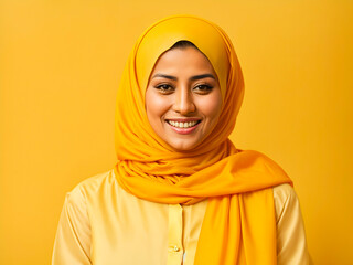 Smiling happy arab asian muslim woman in yellow hijab 