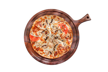 Pizza with cheese mushrooms and tomatoes on wooden board, top view, isolated on white background with clipping path