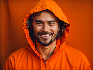 smiling man in orange hoodie