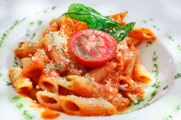 Italian classic pasta with cheese close-up, selective focus