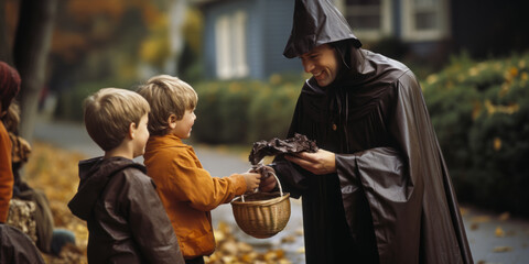Man in witch costume giving candy to kids at Halloween.