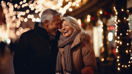 Fototapeta premium couple in love walks the city at night on the eve of Christmas.