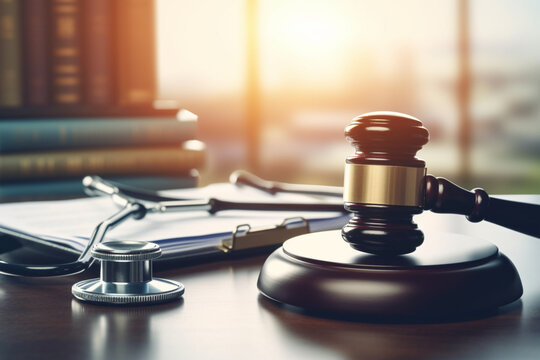 Closeup of judge gavel of stethoscope doctor in background writing notes, aesthetic look