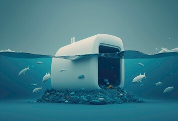 AI generated illustration of a quaint, tiny houseboat situated on tranquil, tranquil waters