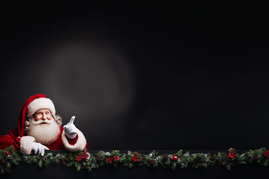 Père Noël souriant en habit traditionnel rouge et blanc, accoudé sur une bordure de branche de sapin décorée de boule de noël, pointant de l'index la zone de texte, type tableau noir
