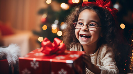 A girl is pleased to open a Christmas present.Happy little girl with gift box - obrazy, fototapety, plakaty