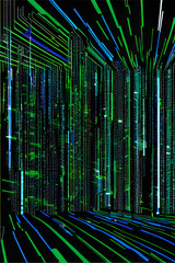 Obraz premium Abstract green and blue network data streams in the virtual electronic data stream futuristic cyberspace realm background