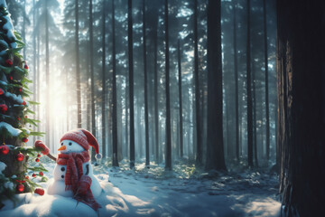 Bonhomme de neige habillé pour ne pas avoir froid, d'un bonnet, d'une écharpe et de moufles qui prépare et décore un sapin de noël au fond d'une forêt très épaisse. Le bonhomme de neige semble vivant  - obrazy, fototapety, plakaty