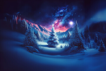 Forêt sous la neige dans les montagnes la nuit avec une étoile très brillante qui éclaire un sapin de noël parmi tous les arbres, avec des couleurs rose sur les montagnes