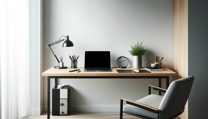 Modern home office interior with stylish desk setup.