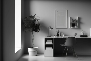 AI generated illustration of a modern home office featuring light-colored furniture and decor