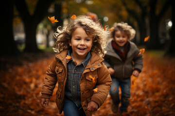 Kids happily running at the beach during autumn