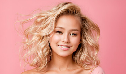 portrait of happy pretty girl with blonde hair on pink background