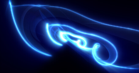 Abstract waves of blue energy magic smoke and glowing lines on a black background