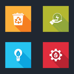 Set Recycle bin with recycle, Lightning bolt, bulb leaf and Leaf plant gear machine icon. Vector