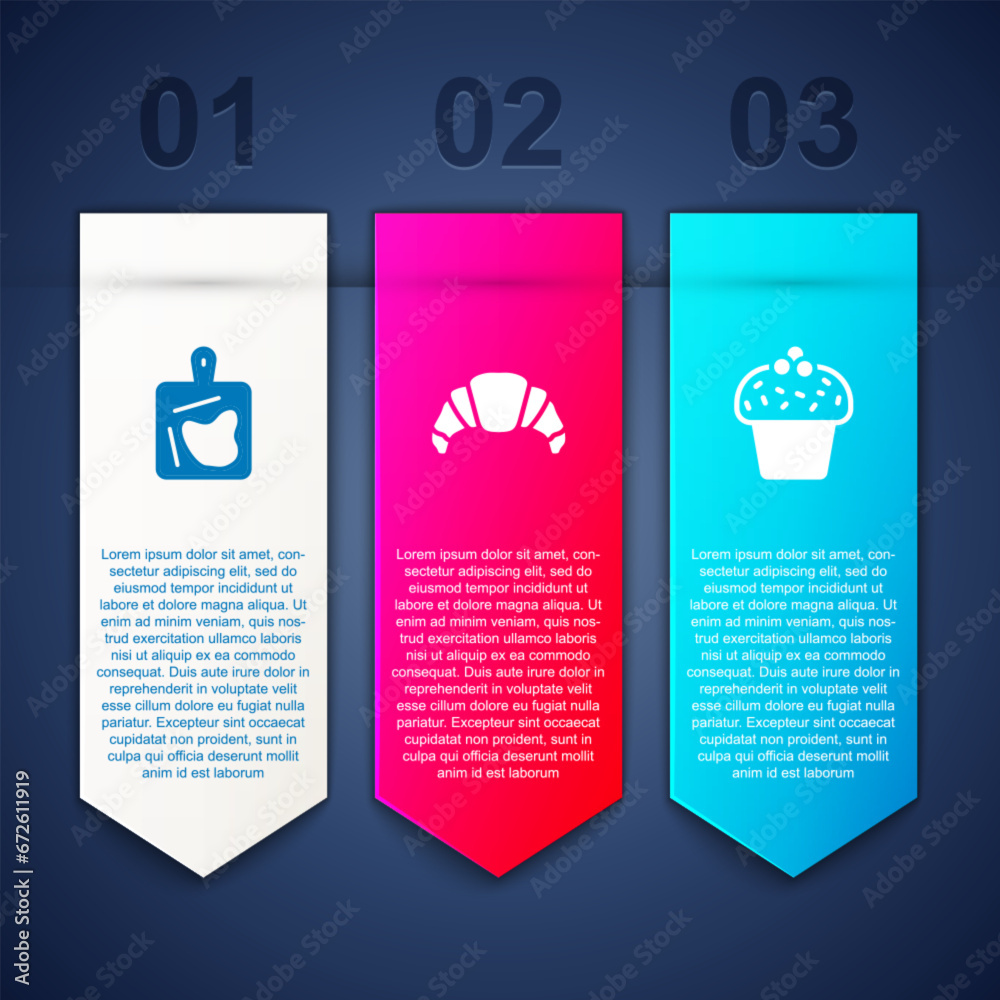 Wall mural set cutting board, croissant and cake. business infographic template. vector