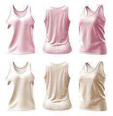 2 Set of pastel light pink beige front, back and side view sleeveless tee t shirt tank singlet round neck on transparent background, PNG file. Mockup template for artwork design. 3D rendering