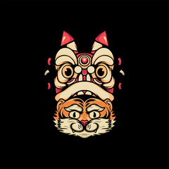 Fototapeta premium Tiger Lion Dance Retro Illustration