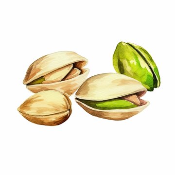 AI generated illustration of a watercolor painting of pistachio nuts on a white background