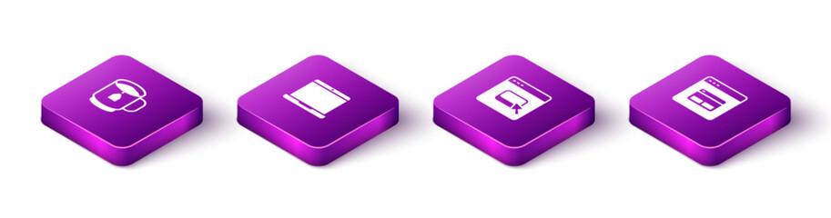 Set Isometric Cup of tea with tea bag, Laptop, Browser files and Search engine icon. Vector