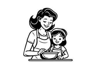 Happy mom cooks with her baby, vector illustration. roll out the dough, make cookies. doodle hand drawing, sketch. on an isolated white background
