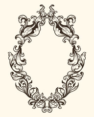 A black and white oval frame with a floral design